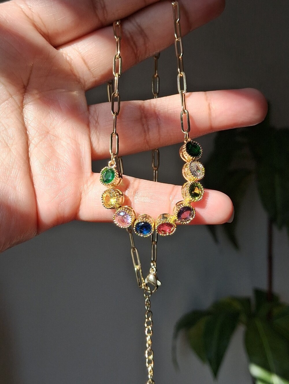 Gold Multicolor Stone Paper Clip Necklace